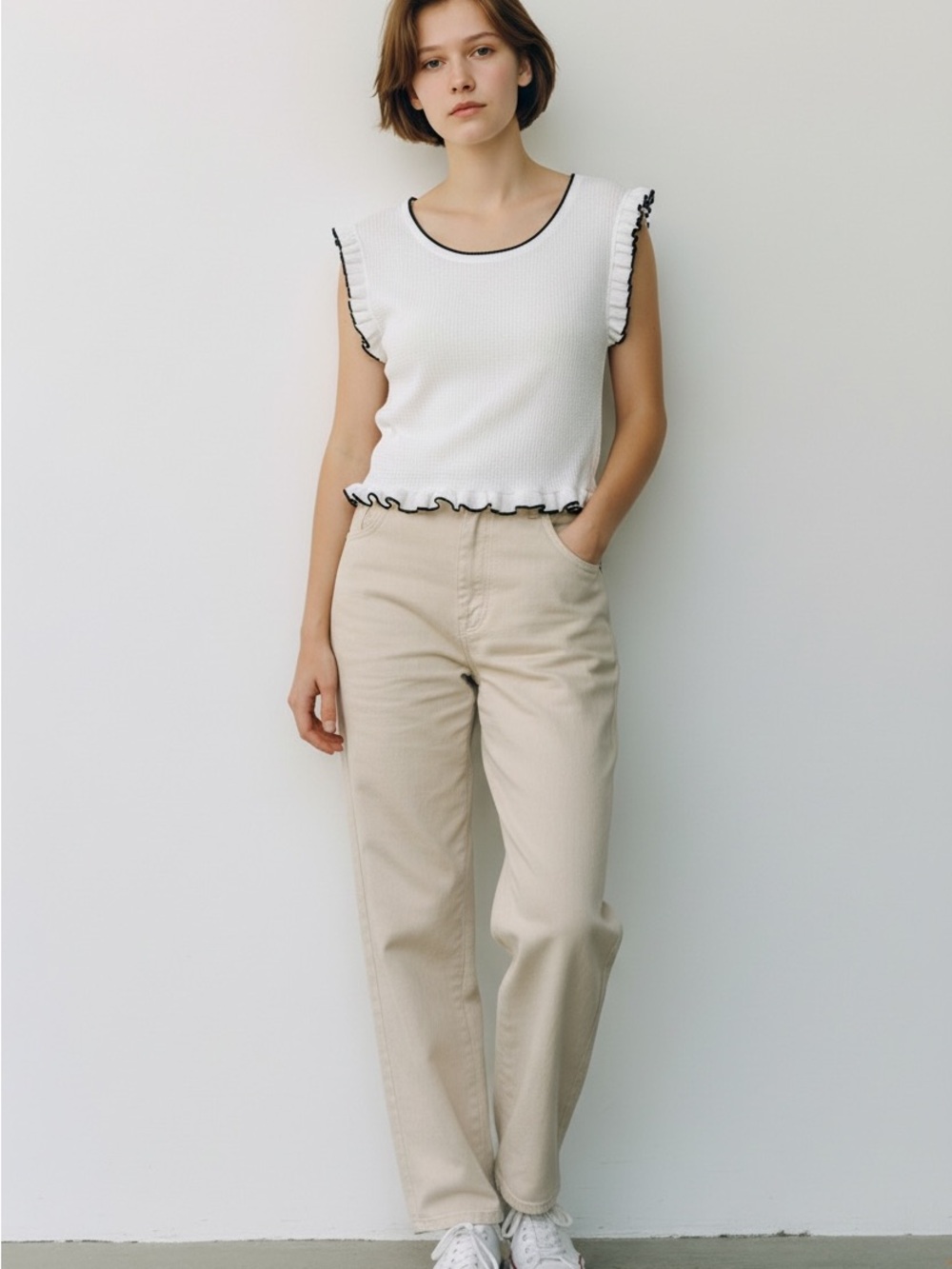 Zara White Open Knit Ruffle Crop Top Black Trim Size S